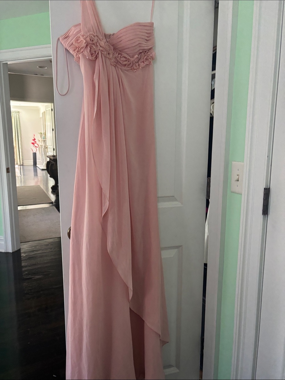 Elegant Pink One-Shoulder Maxi Dress with Floral Detail